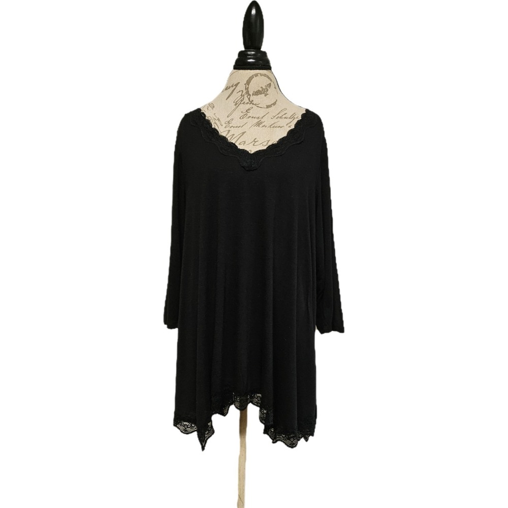 Lane Bryant Black Lace Trim Long Sleeve Top Sz 18/20 Y2K Witchy Dark Romantic